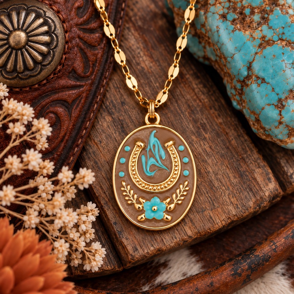 Western Horseshoe Necklace Gold Plated Stainless Steel Turquoise Enamel Cowgirl